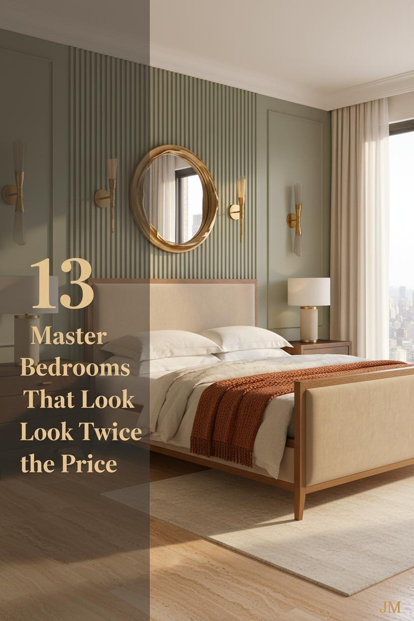 Luxury master bedroom with sage fluted plaster wall, travertine floors, ivory linen bedding, burnt orange throw, and warm brass sconces