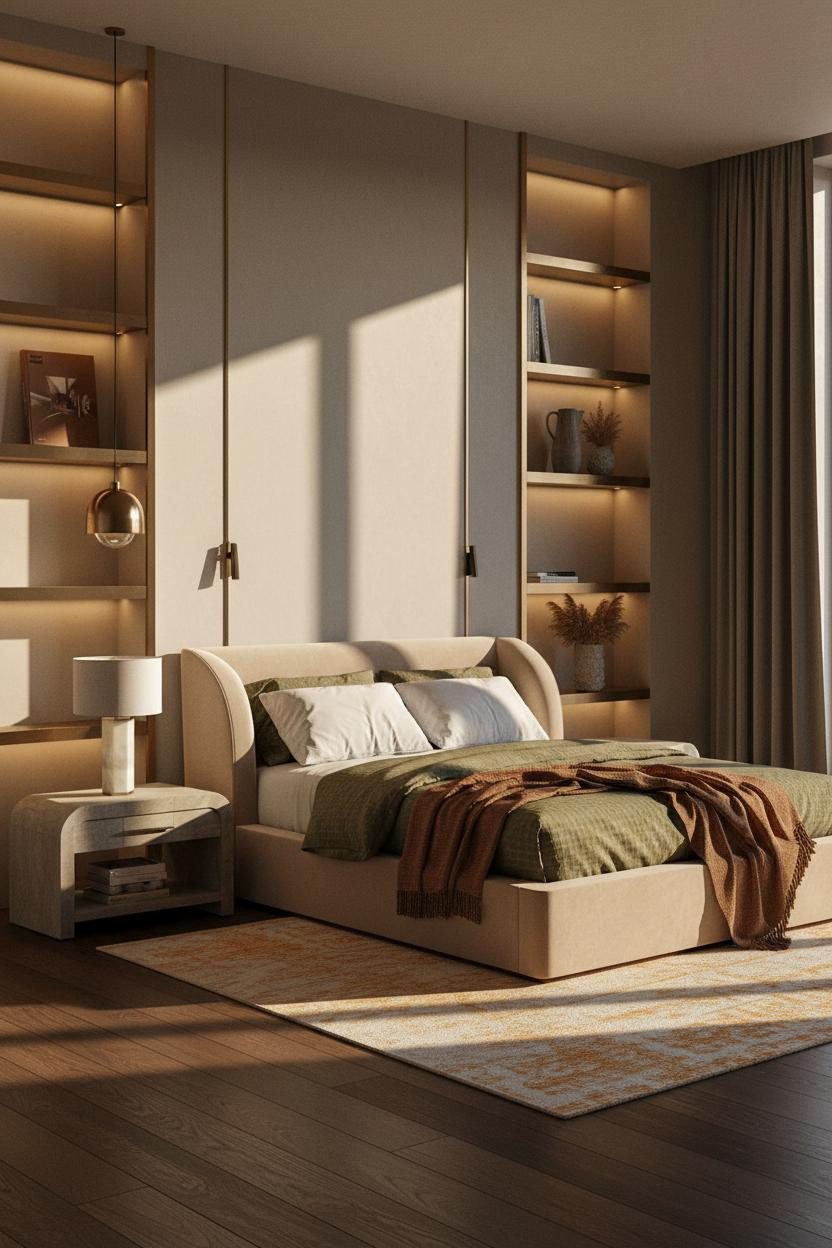 Luxury Bedroom Modern Shelving Brass Accents