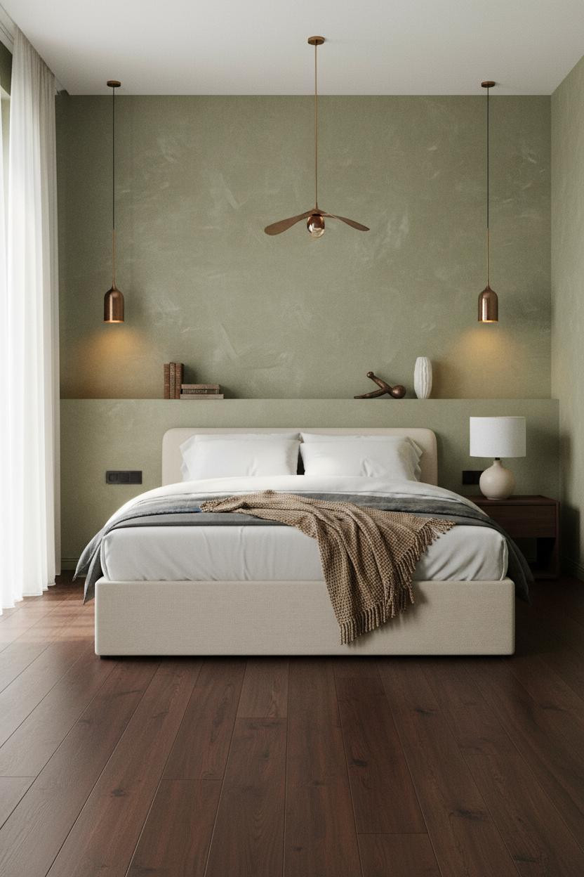 Luxury Bedroom Sage Green Venetian Plaster Walnut Master Suite