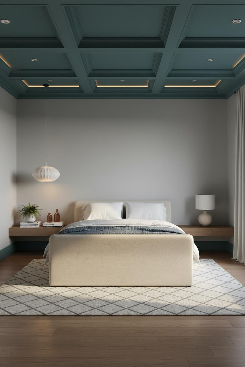 Luxury Bedroom Teal Ceiling Walnut Flooring
