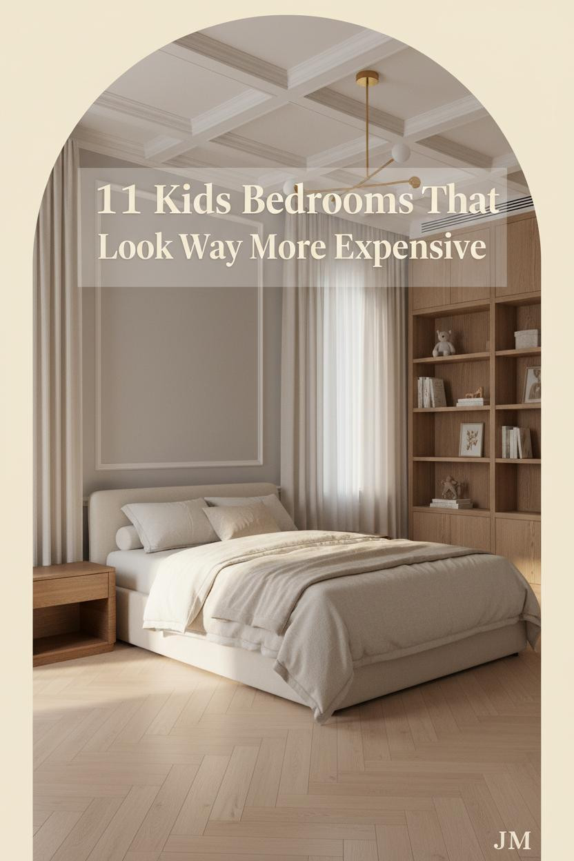 Luxury kids bedroom with ivory coffered ceiling, dove grey walls, pale oak herringbone floor, cream linen bedding, and brushed brass ceiling fixture
