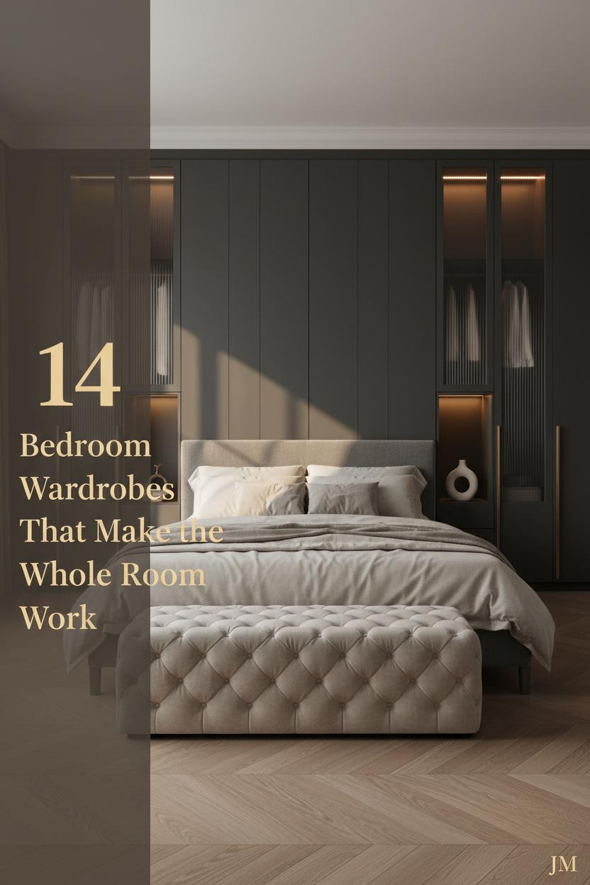 Master bedroom with floor-to-ceiling charcoal lacquer wardrobe, fluted glass doors, brass accents, warm LED cove lighting, and ivory linen bedding