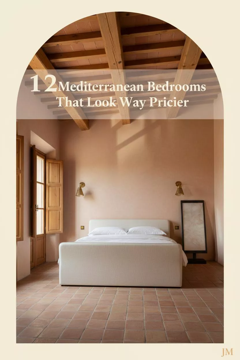 Mediterranean bedroom with pale apricot plaster walls, carved wood bed, ivory linen bedding, terracotta tile floor, and warm brass sconces