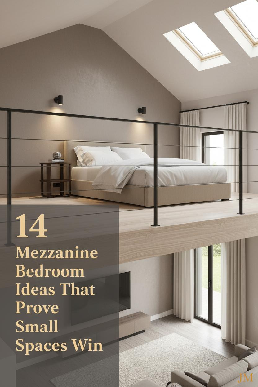 Bleached birch mezzanine bedroom with oatmeal linen bedding, walnut nightstand, stone taupe plaster walls, warm sconce lighting, and cool clerestory daylight below