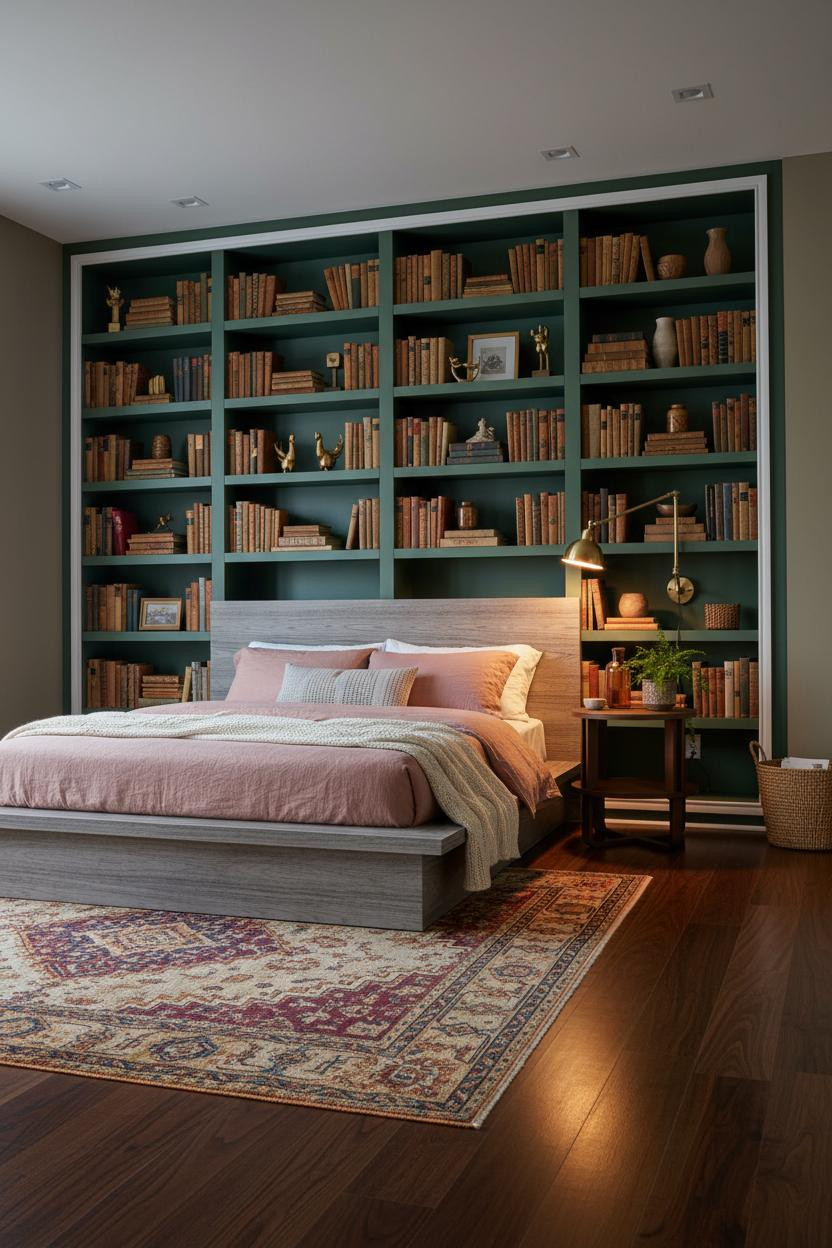 Mid Century Eclectic Bedroom Green Shelving