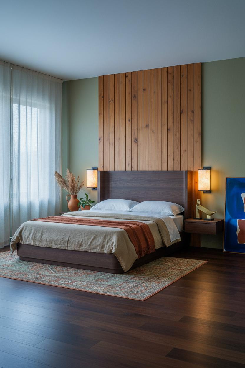 Mid Century Eclectic Bedroom Teak Wall