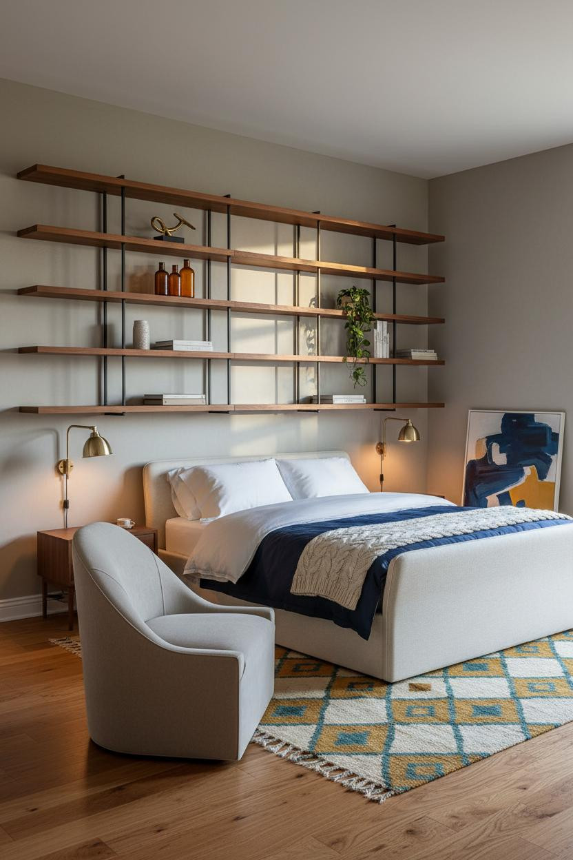 Mid Century Eclectic Bedroom Walnut Shelving Brass