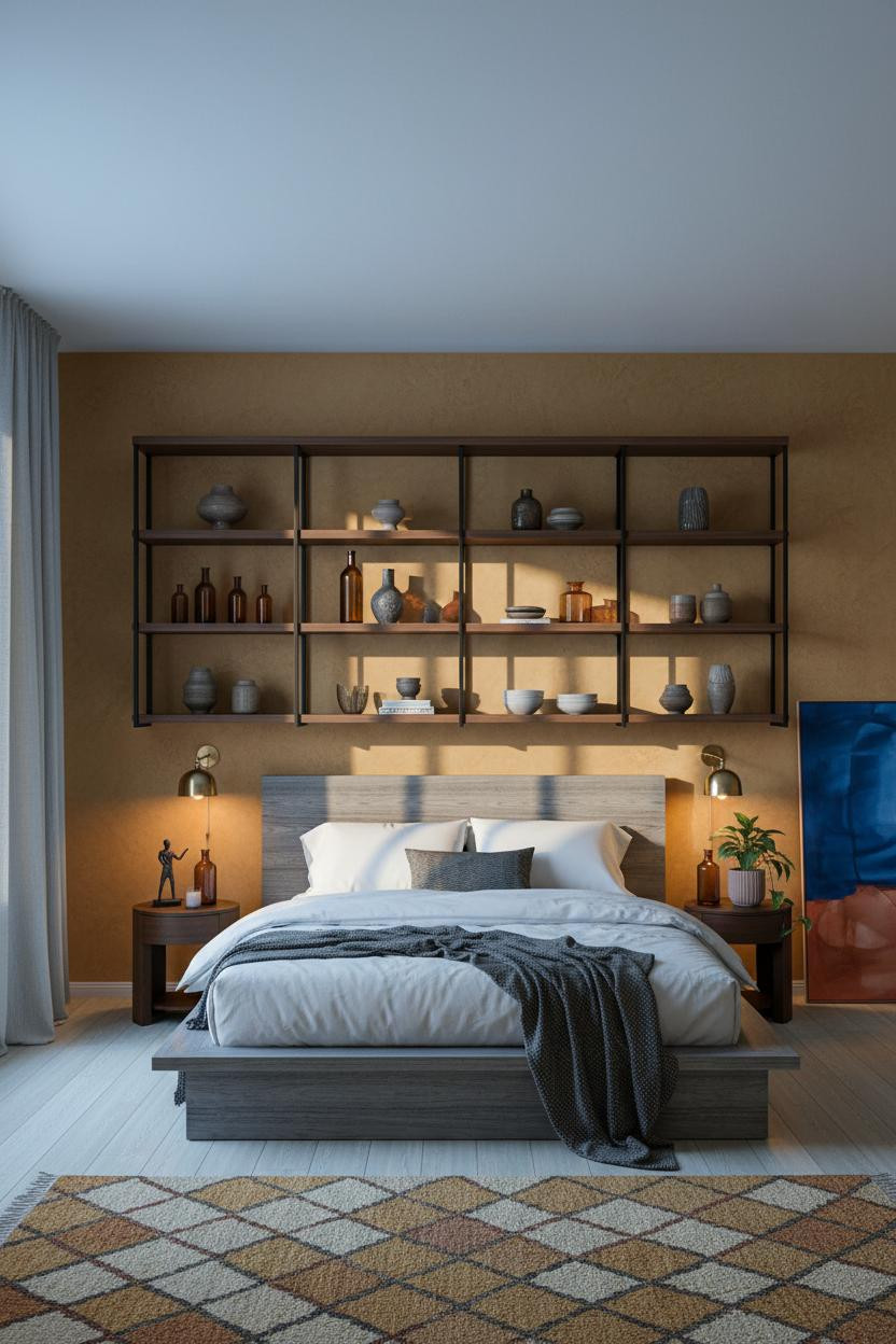 Mid Century Eclectic Bedroom Walnut Shelving
