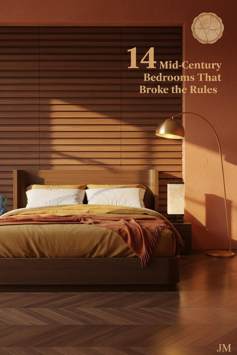 Mid-century eclectic bedroom with teak slat accent wall, terracotta plaster, herringbone walnut floor, brass arc lamp, and ochre linen bedding