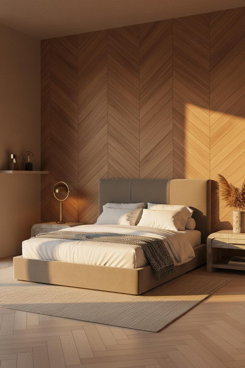 Minimal Luxury Bedroom Herringbone Accent Wall