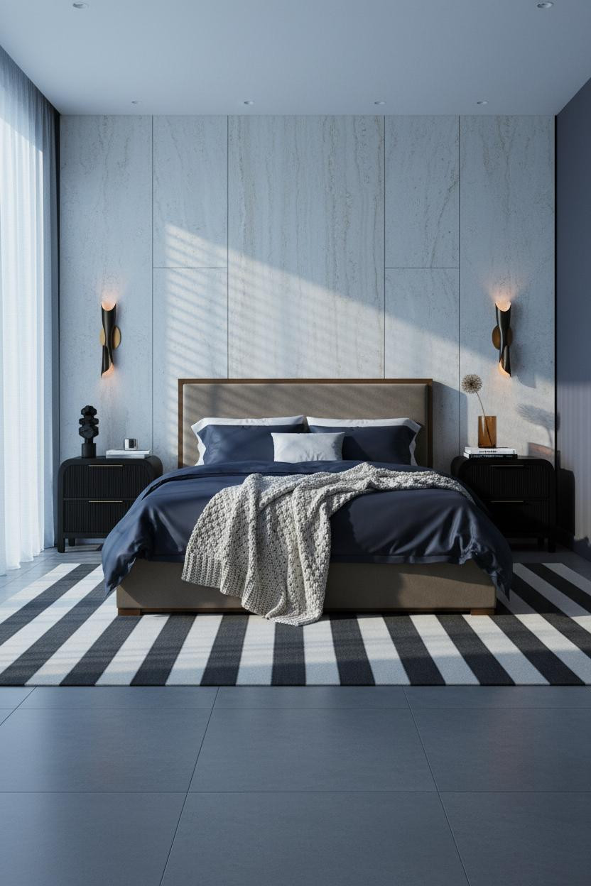Minimal Luxury Bedroom Travertine Accent Wall