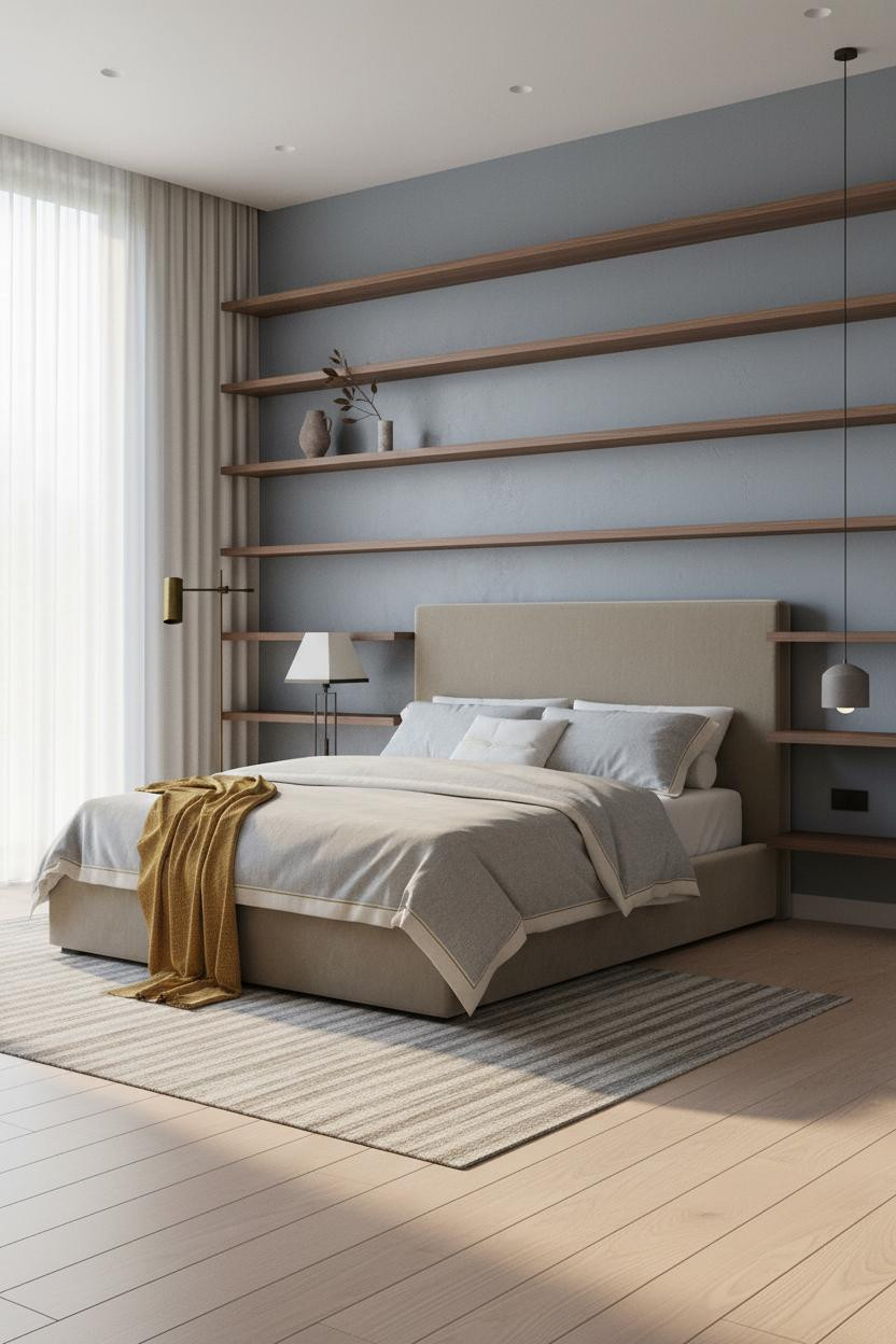 Minimal Luxury Bedroom Walnut Shelving