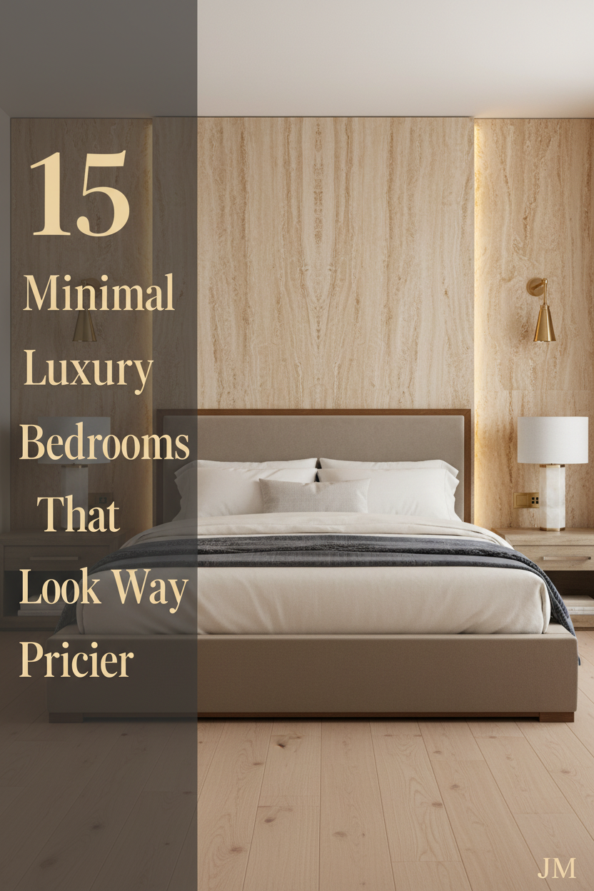 Master bedroom with honed travertine headboard wall, warm brass sconces, pale oak floors, ivory linen bedding, and greige plaster walls