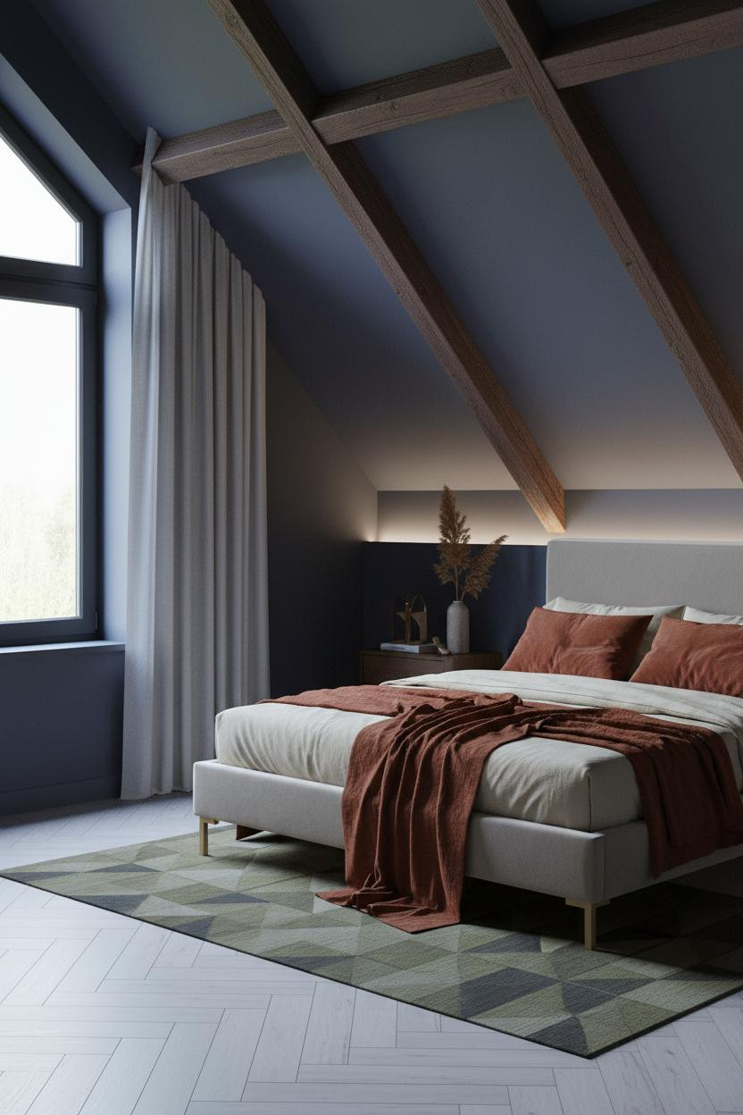 Modern Earthy Bedroom Attic Walnut Beams