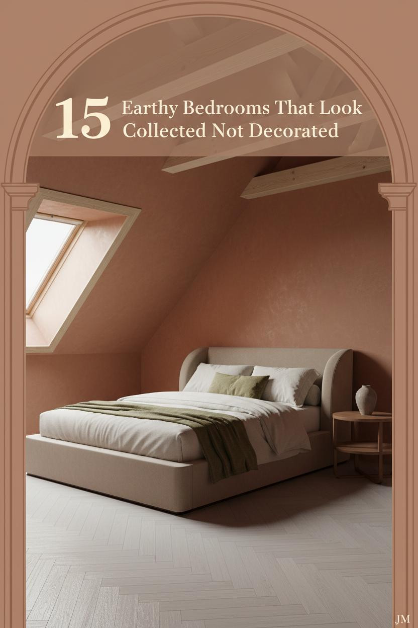 Attic bedroom with terracotta plaster walls, sloped oak rafter ceiling, cream linen bedding, walnut nightstand, and warm afternoon light