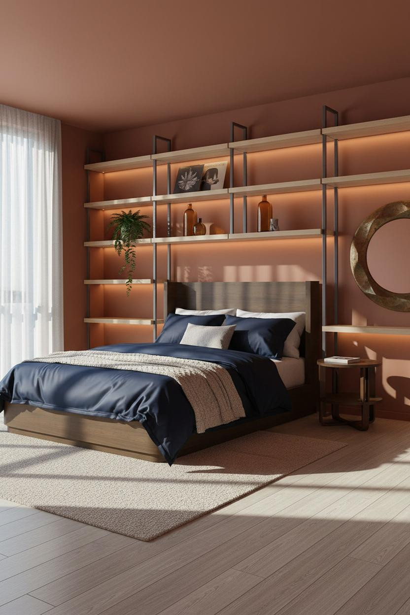 Modern Eclectic Bedroom Bookshelf Headwall
