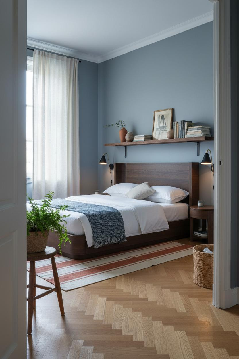 Modern Eclectic Master Bedroom Walnut Shelving Matte Black