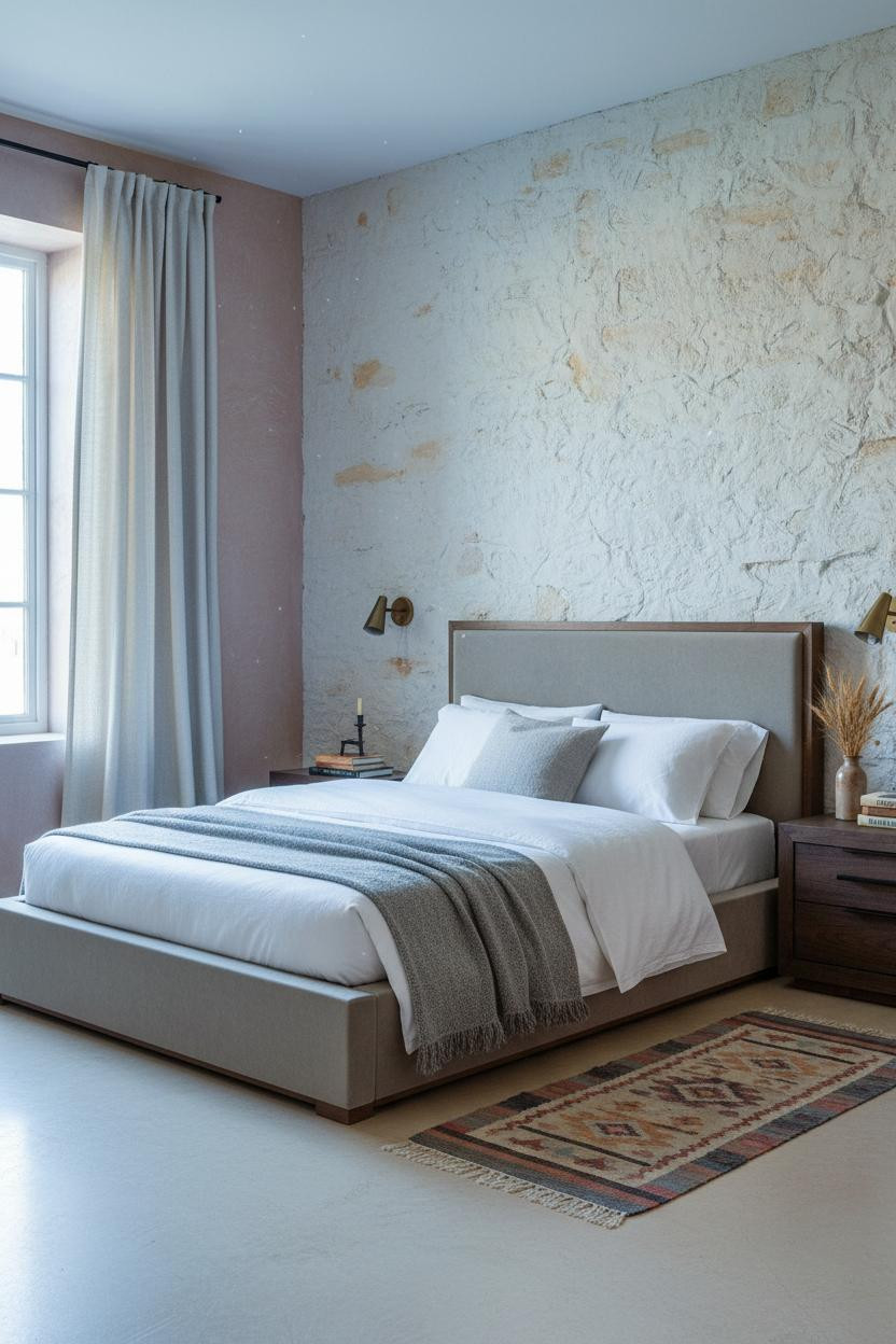 Modern French Country Bedroom Limestone Wall