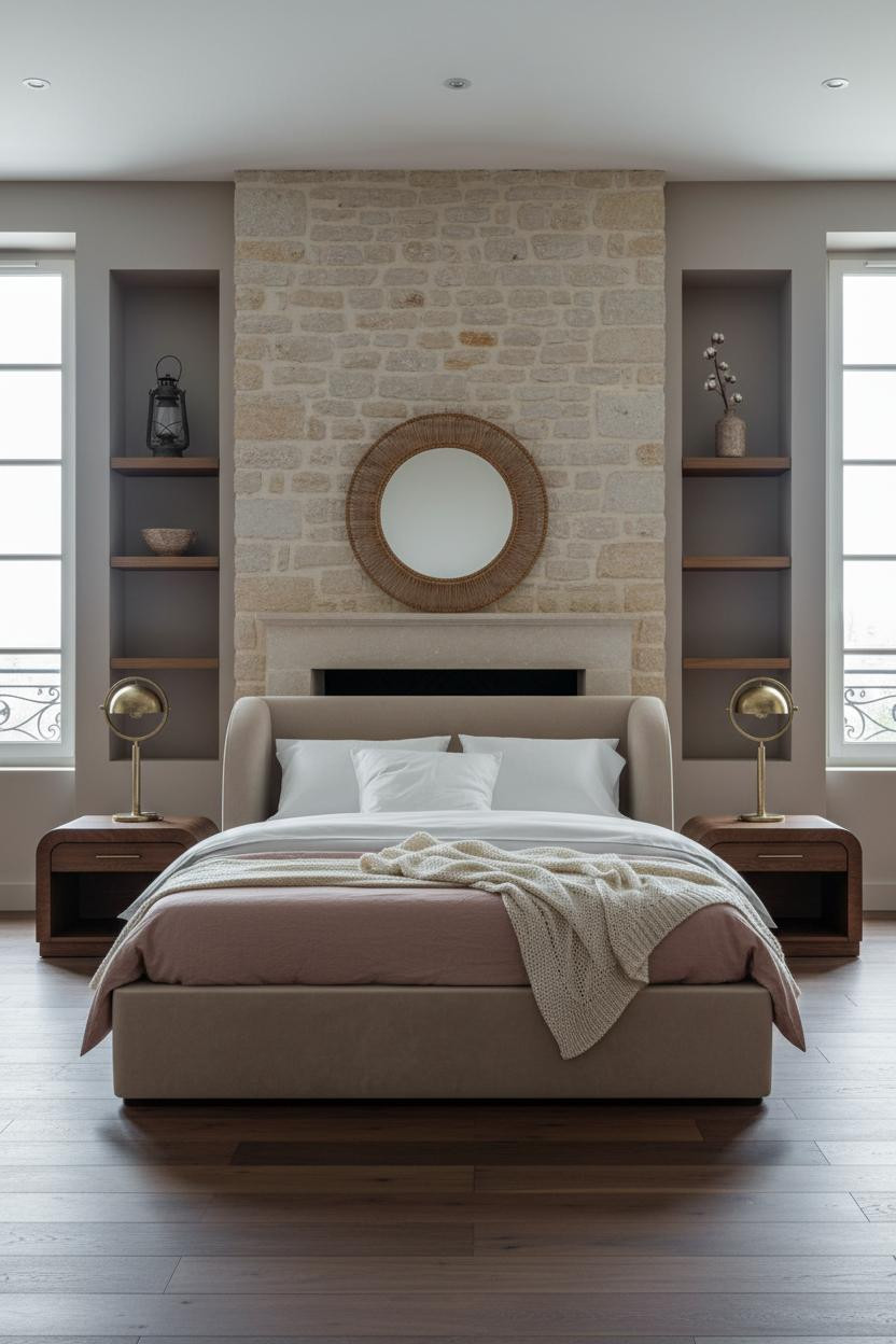 Modern French Country Bedroom Stone Fireplace
