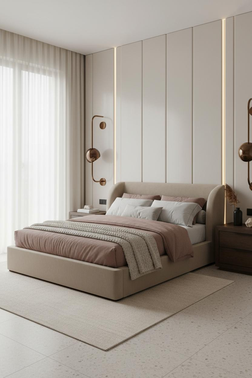 Modern Luxury Bedroom Ivory Paneling Bronze