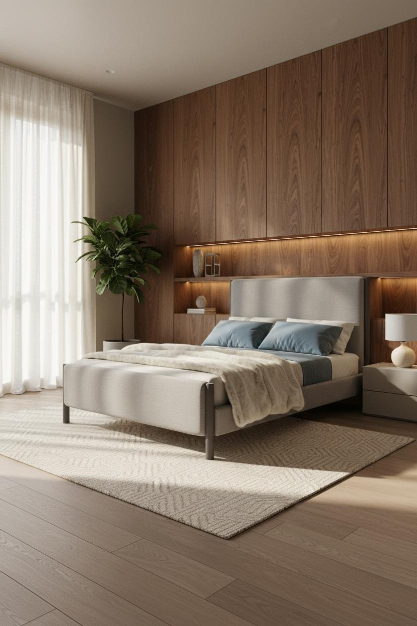Modern Luxury Bedroom Walnut Accent Wall