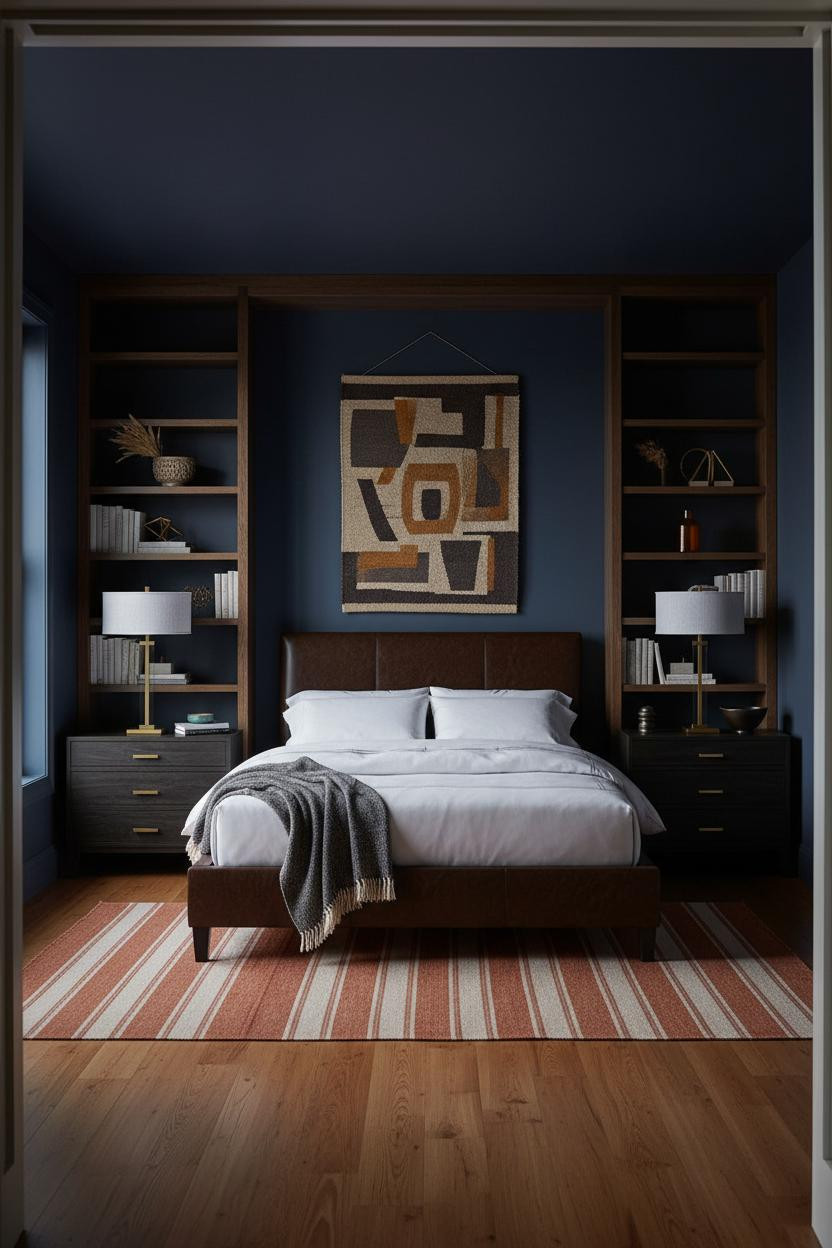 Modern Romantic Bedroom Dark Indigo Shelving