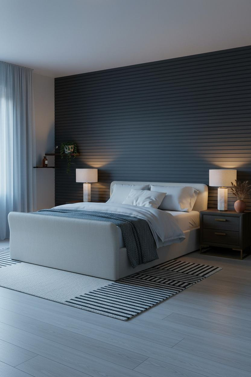 Modern Romantic Bedroom Dark Paneling Lighting