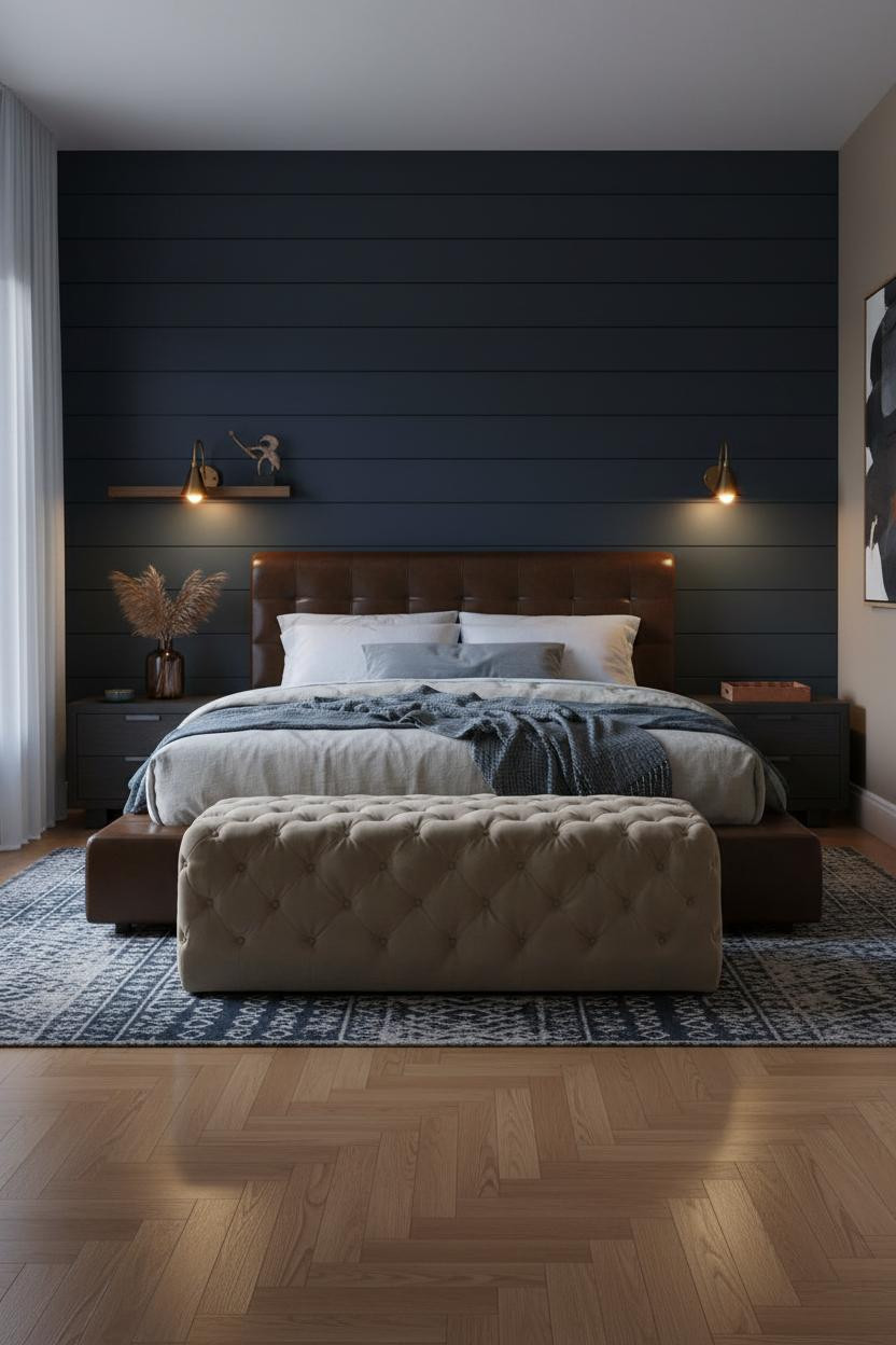 Modern Romantic Bedroom Navy Shiplap Accent