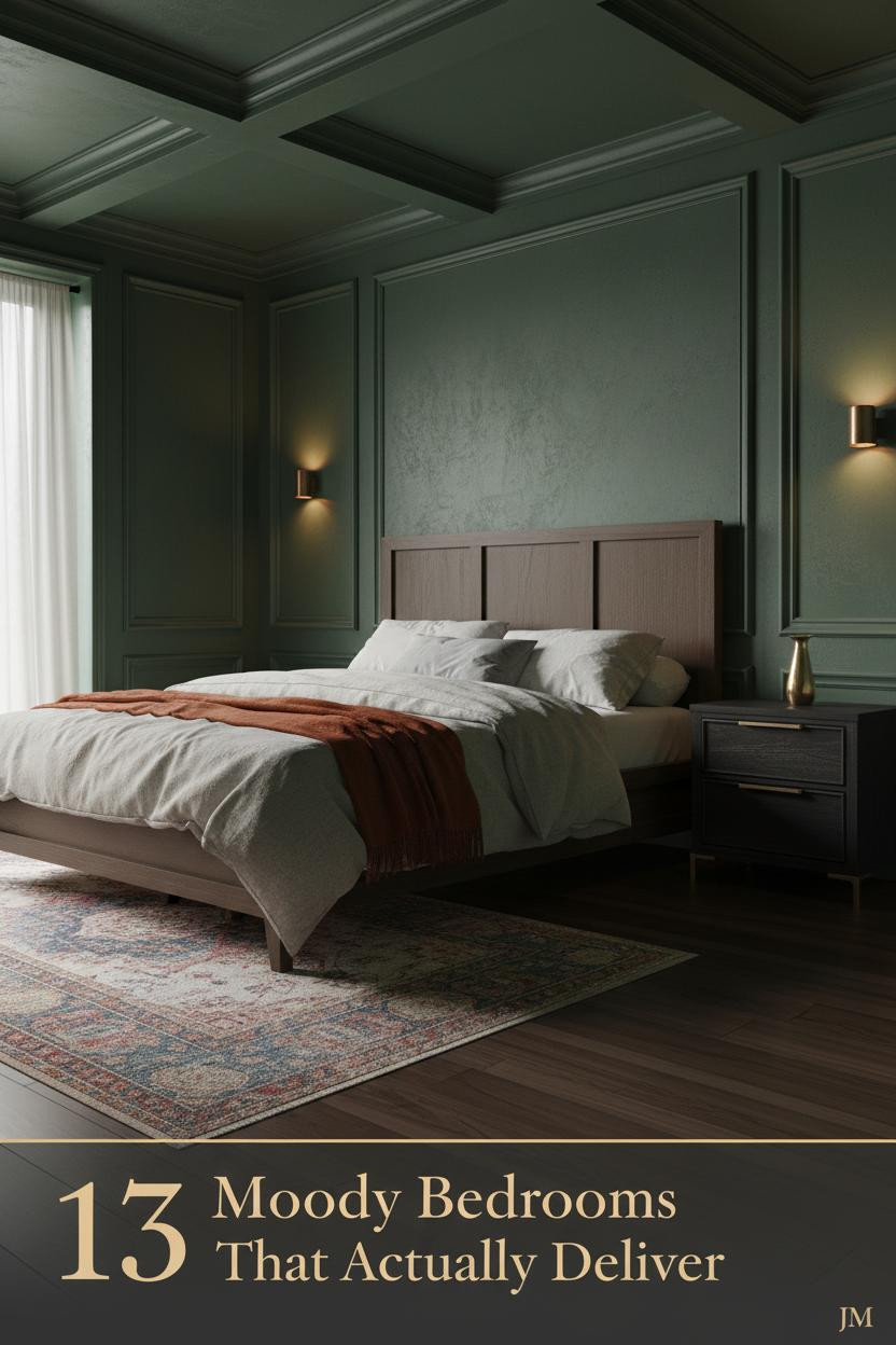 Moody bedroom with deep forest green Venetian plaster walls, walnut flooring, oatmeal linen bedding, rust mohair throw, and warm amber sconce lighting