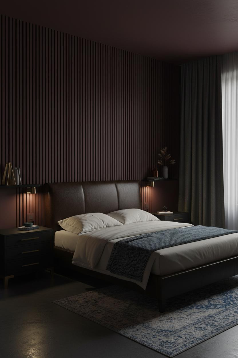 Moody Bedroom Burgundy Oak Slats Amber Light