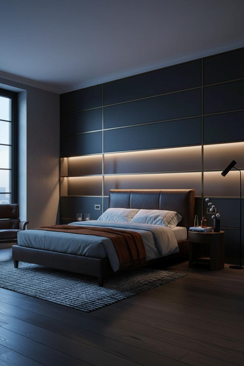 Moody Bedroom Dark Blue Backlit Headboard