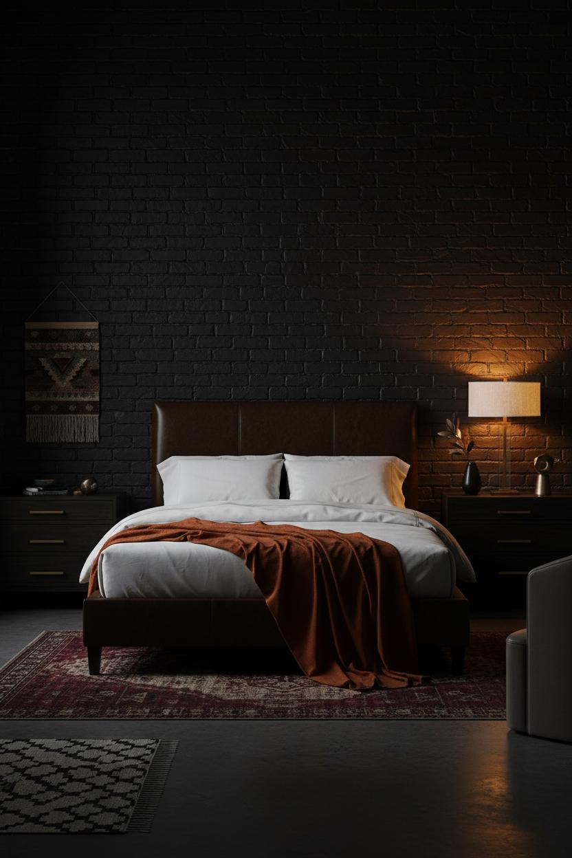 Moody Bedroom Dark Blue Brick Accent Wall