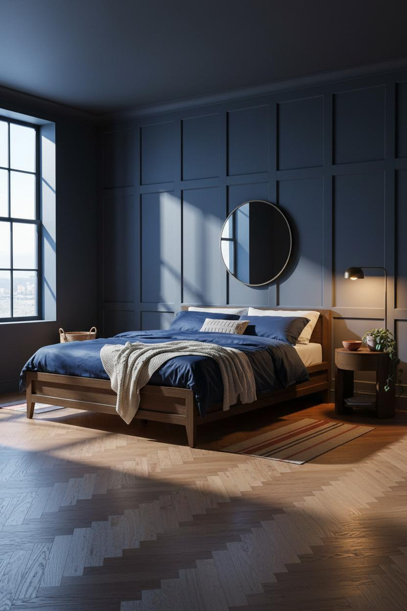 Moody Bedroom Dark Blue Paneling Warm Light