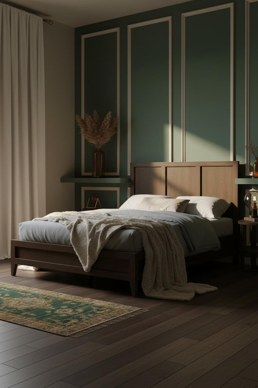 Moody Bedroom Dark Green Wainscoting Warm Lighting
