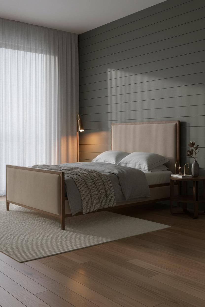 Moody Bedroom Olive Shiplap Warm Lighting