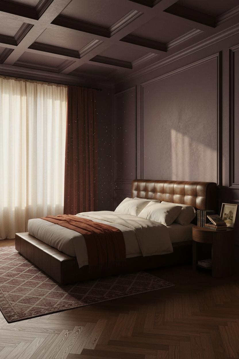 Moody Bedroom Plum Walls Walnut Herringbone