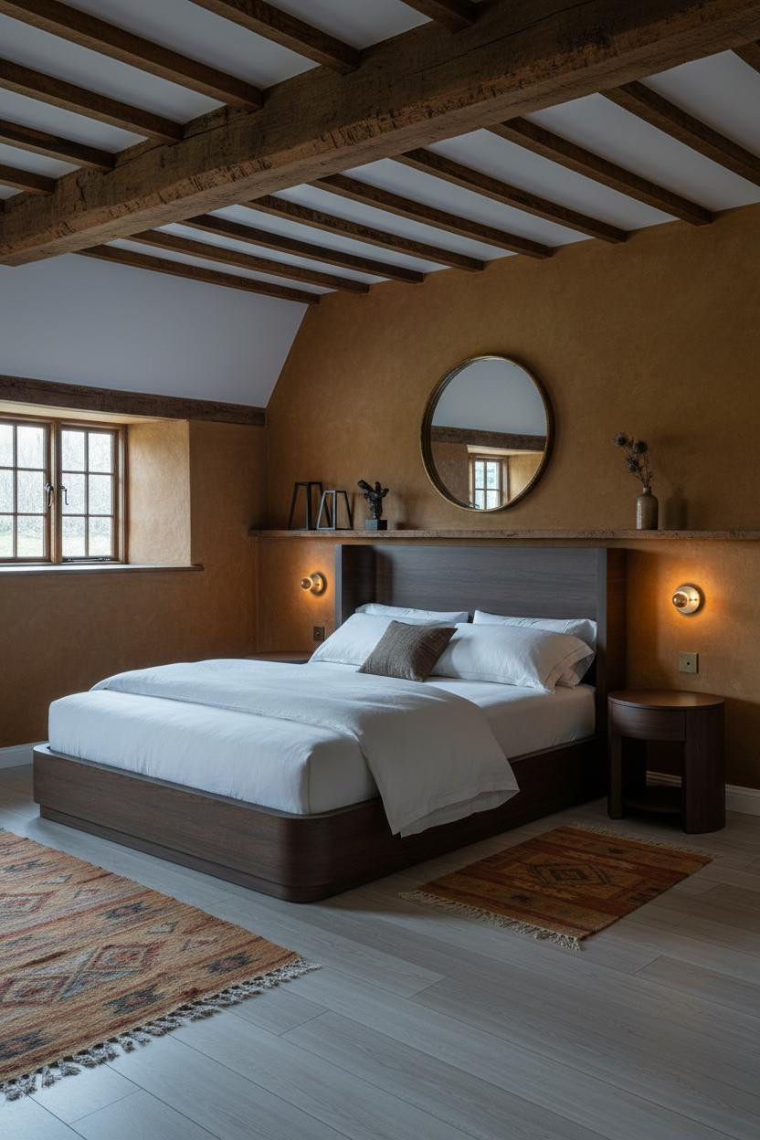 Moody Cottage Bedroom Exposed Beams Ochre