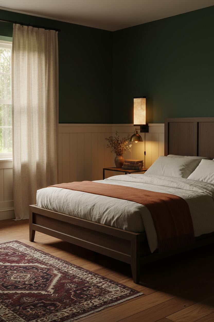 Moody Cottage Bedroom Green Wainscoting