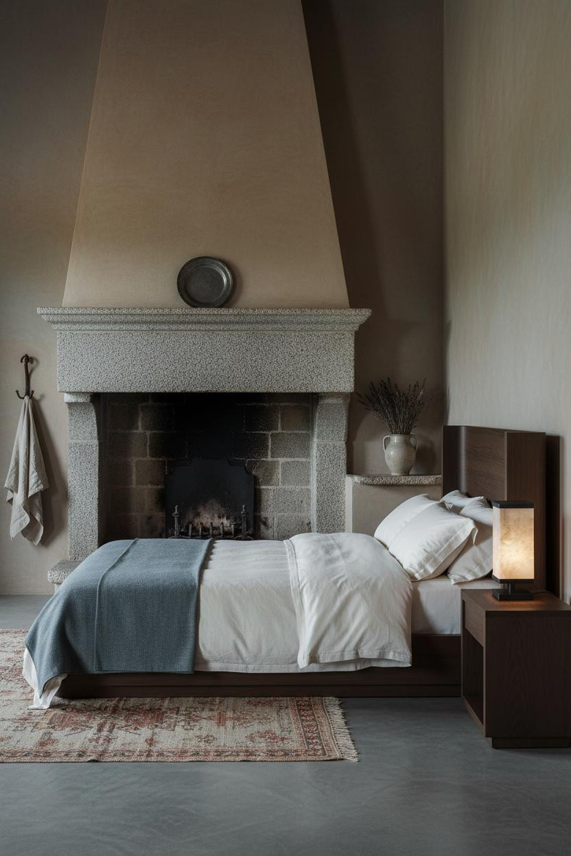 Moody Cottage Bedroom Stone Fireplace Vintage