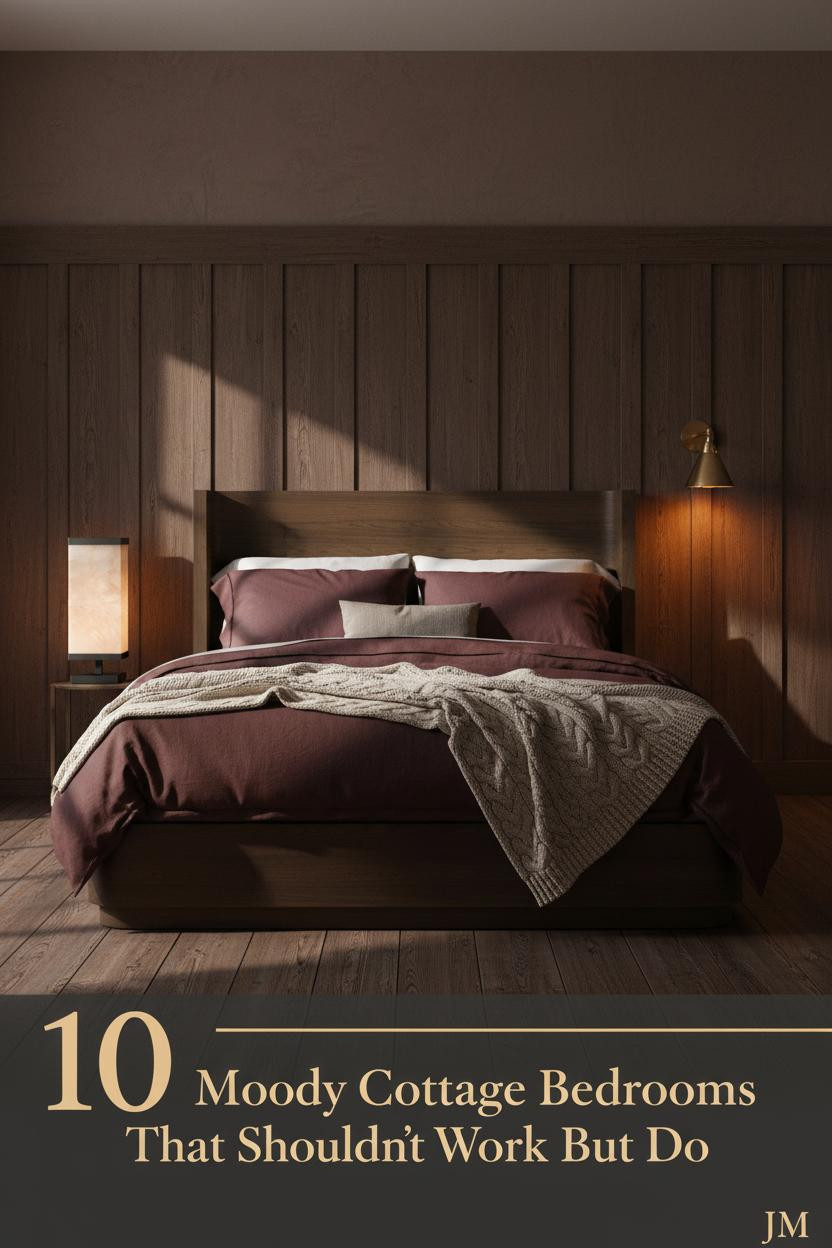 Moody cottage bedroom with dark timber board-and-batten, plum-brown limewash walls, burgundy linen bedding, cream cable-knit throw, and warm amber brass sconce lighting