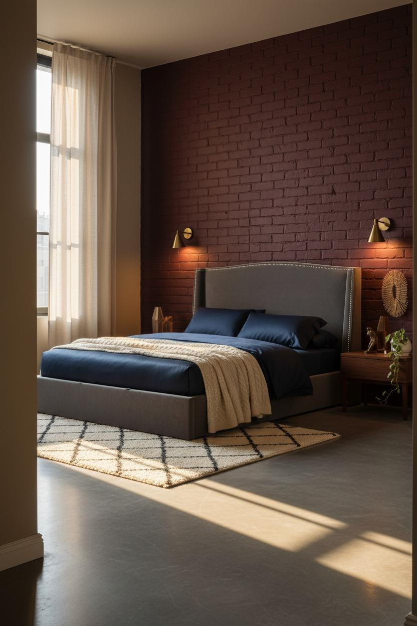 Moody Mid Century Bedroom Burgundy Brick