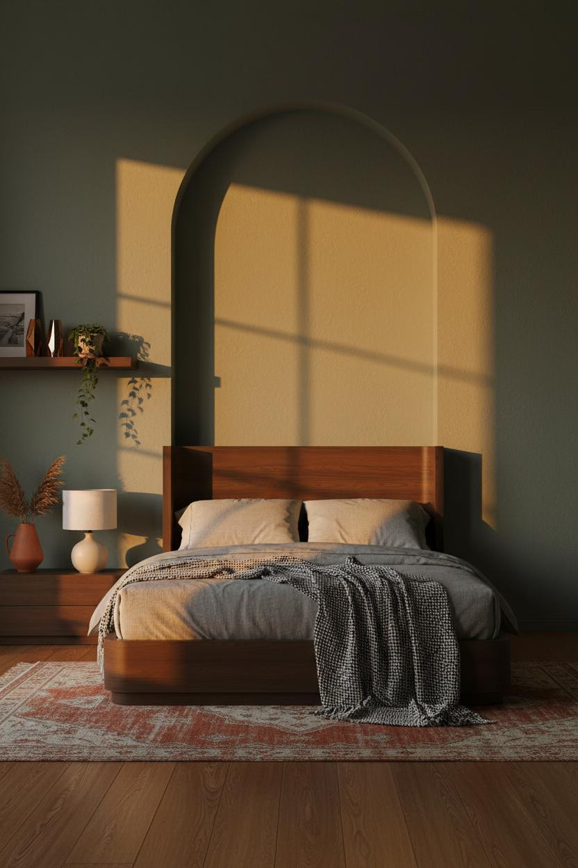 Moody Mid Century Bedroom Sage Arch