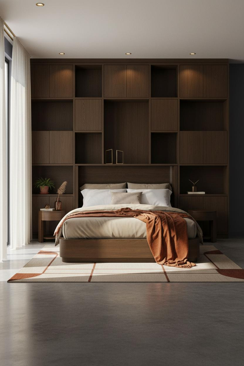 Moody Mid Century Bedroom Walnut Built Ins