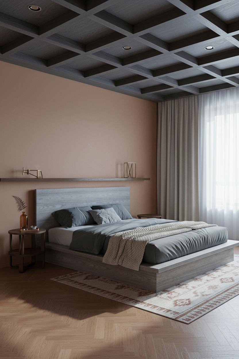 Moody Mid Century Bedroom Walnut Coffered Ceiling