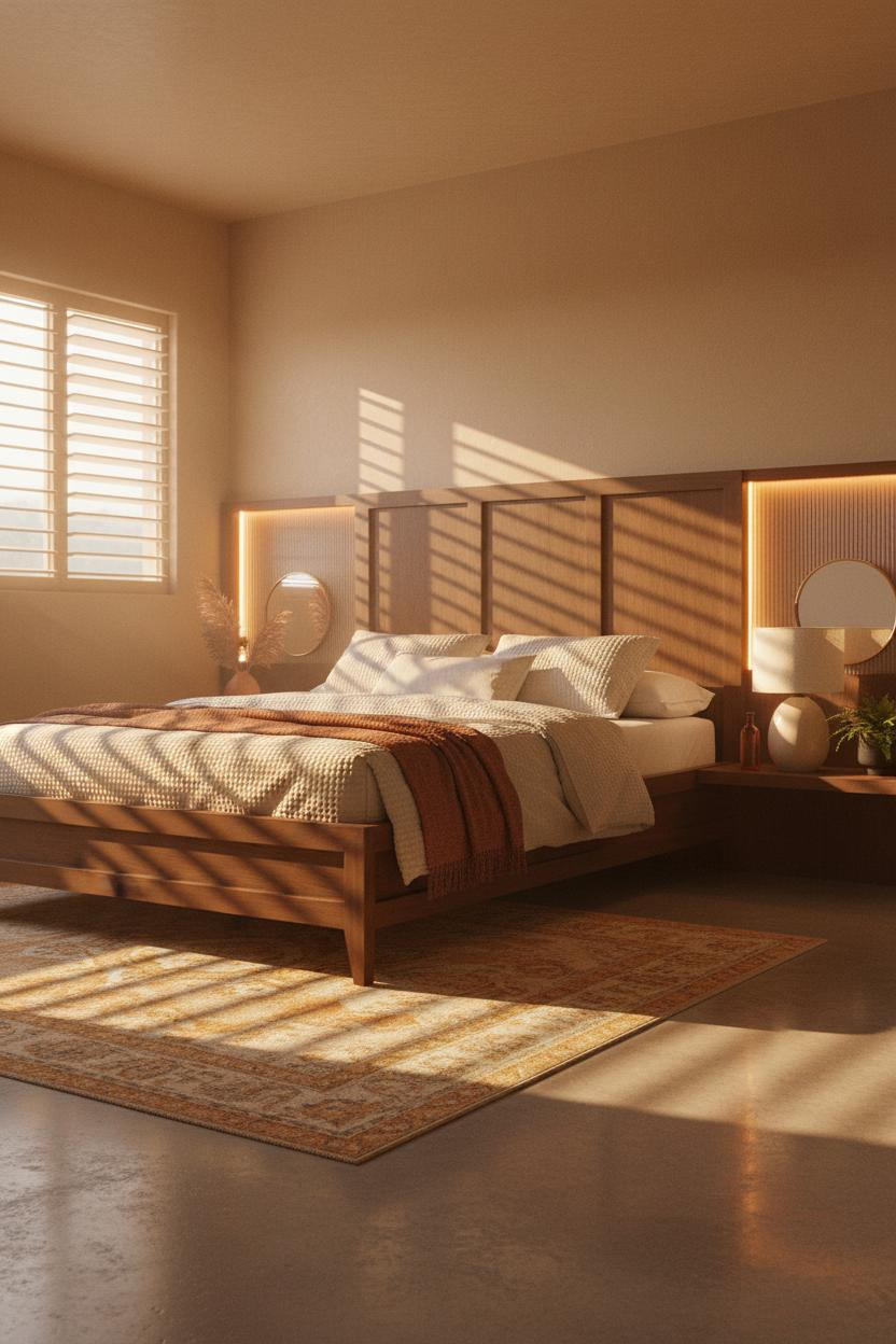 Moody Mid Century Bedroom Walnut Headboard