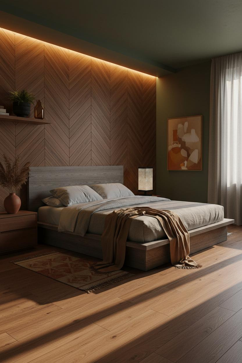 Moody Mid Century Bedroom Walnut Herringbone