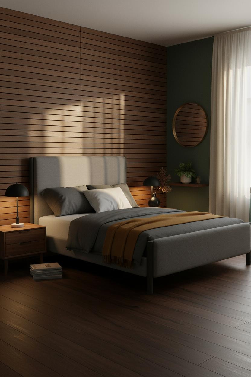 Moody Mid Century Bedroom Walnut Paneling Green