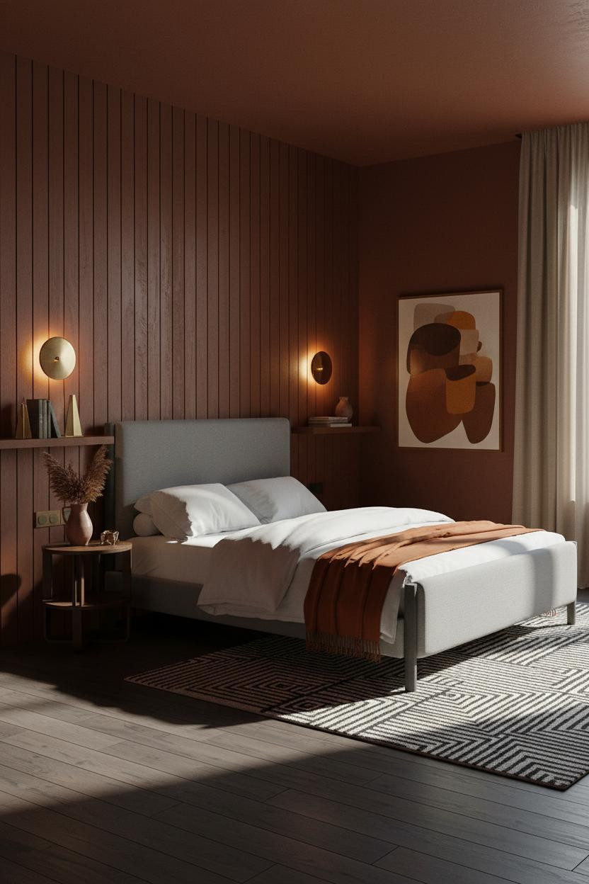 Moody Mid Century Bedroom Walnut Paneling