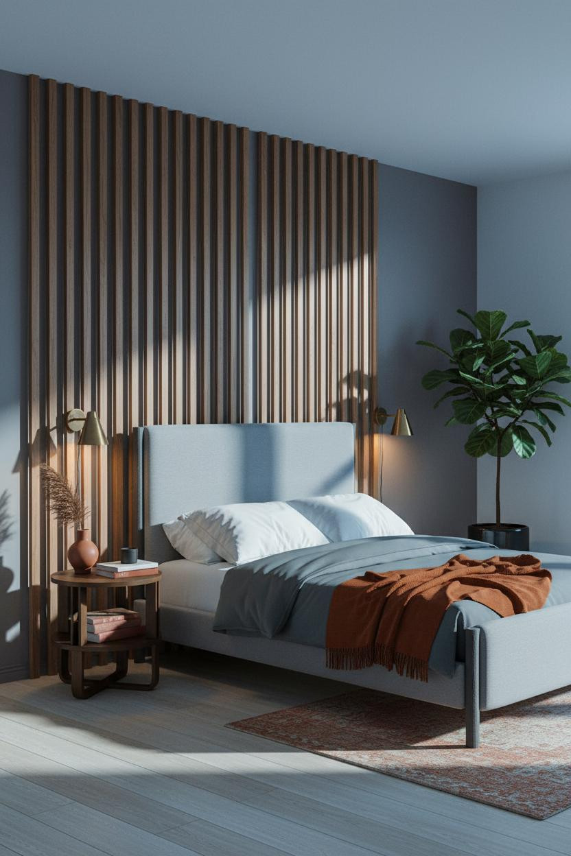 Moody Mid Century Bedroom Walnut Slats