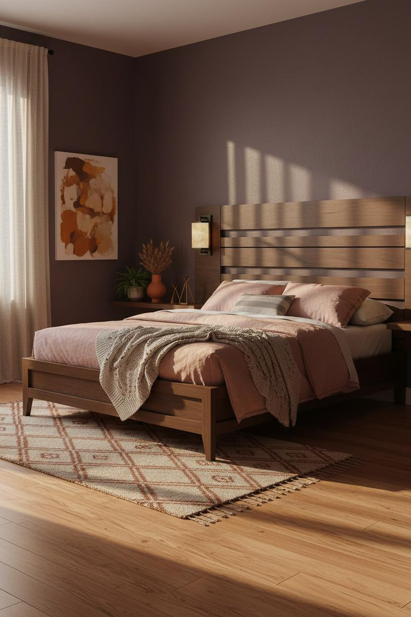 Moody Mid Century Modern Bedroom Walnut Headboard